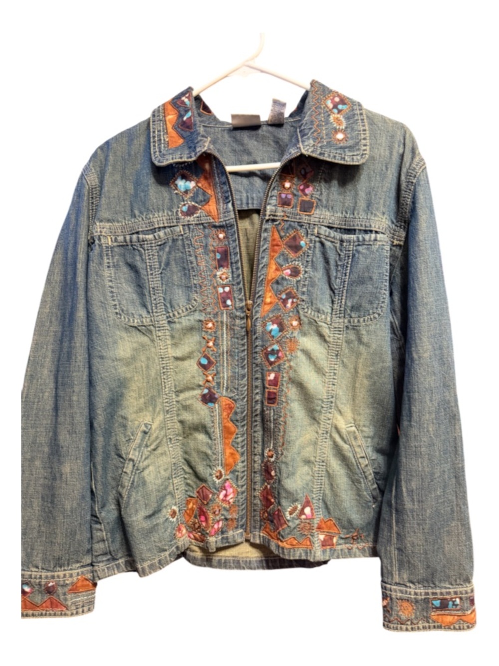 Chico's Blue Denim Jacket with Orange and Turquoise Embroidery